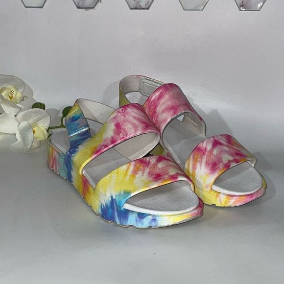 Skechers Luxe Foam Pink and Yellow Sandals Vibrant Tie-Dye Comfort - Picture 1 of 5
